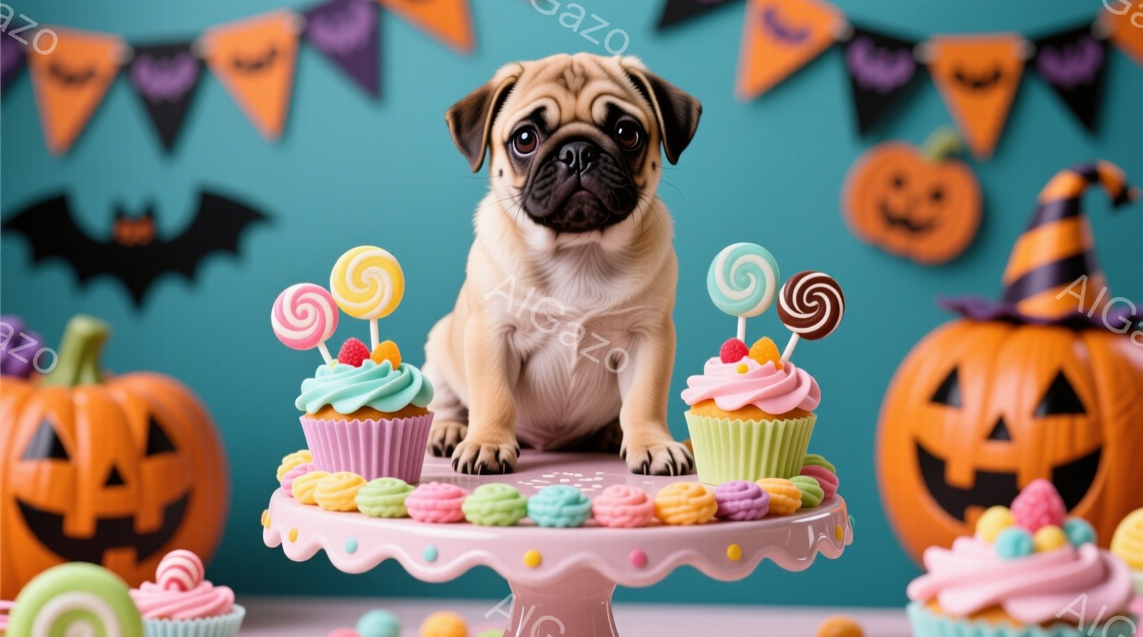 パグの子犬がピンク色のケーキスタンドの前に座っており、ケーキスタンドにはカラフルなカップケーキやキャンディーが並べられています。背景には、ハロウィーンをテーマにしたカボチャやお化けの飾り、オレンジと黒の旗が飾られており、お祭り気分を盛り上げています。全体的に明るく可愛らしい雰囲気で、ハロウィーンのお祝いにぴったりの一枚です。