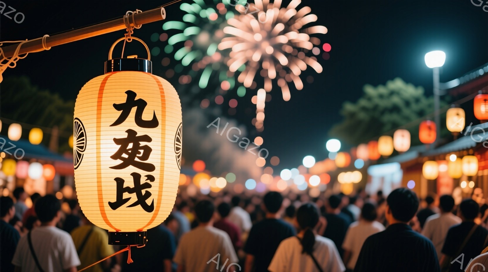 提灯が多数飾られた賑やかな夜の祭りの様子が写っている。人々は後ろ姿で、カジュアルな服装で、祭りを満喫しているようだ。背景には、伝統的な建築物と夜空に咲く花火が映り、華やかで活気のある雰囲気を醸し出して - AI生成フリー素材