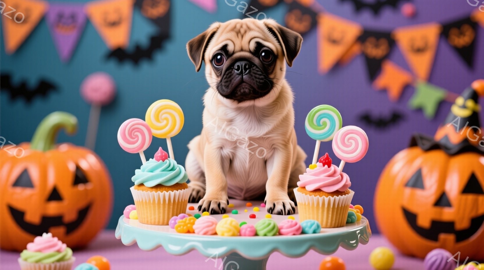 小さなパグが、カップケーキが飾られたケーキスタンドの上に座っています。背景には、ハロウィーンの装飾、カボチャ、カラフルなキャンディーが散りばめられています。全体的に、可愛らしく、お祭り気分満載の雰囲気です。
