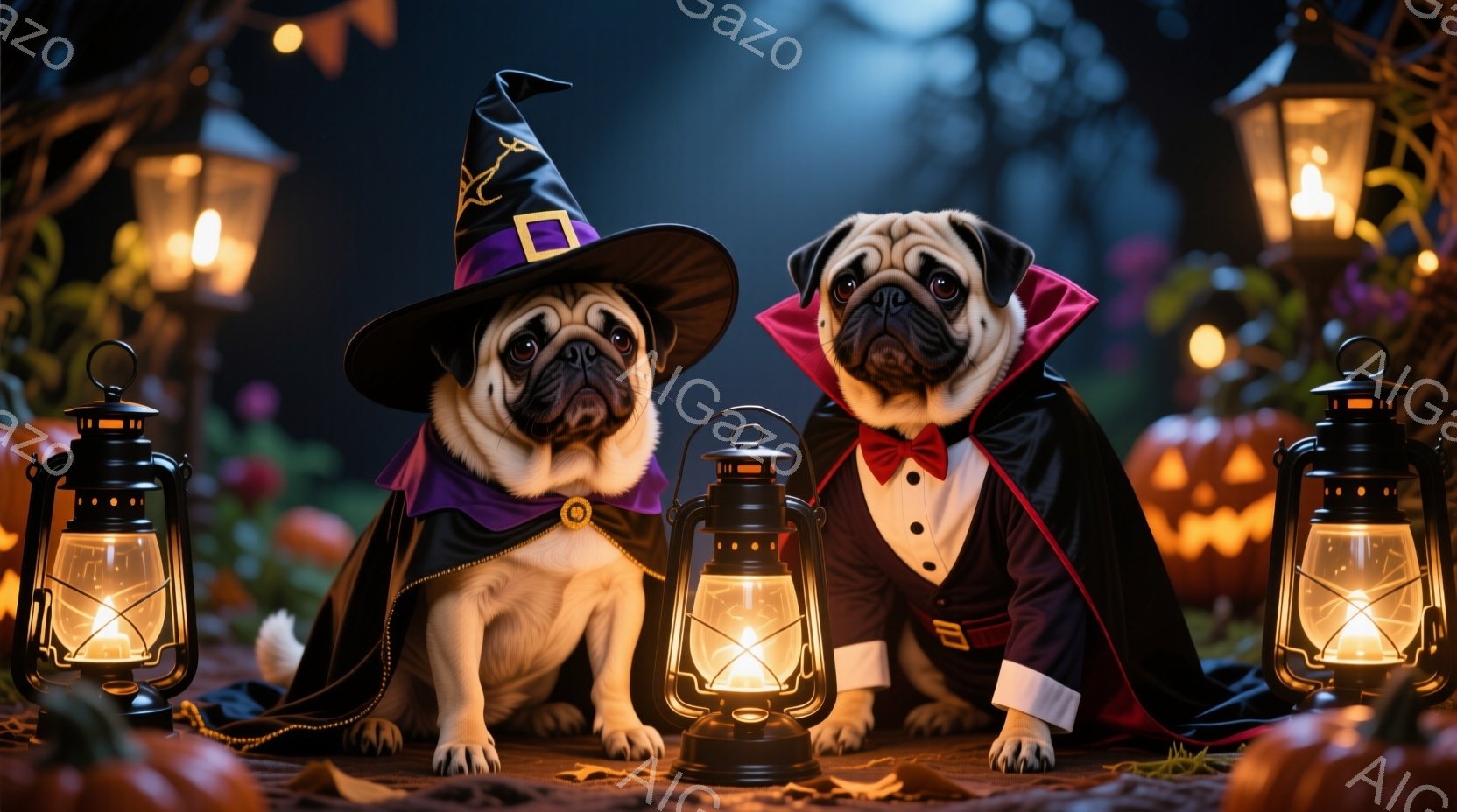パグ犬2匹がハロウィーンの衣装を着ています。左の犬は紫色の魔女帽子と黒いマントを身に着け、右の犬は吸血鬼風の黒いケープと赤い蝶ネクタイを付けています。背景には、カボチャ、ランタン、そしてぼやけた森の風 - AI生成フリー素材
