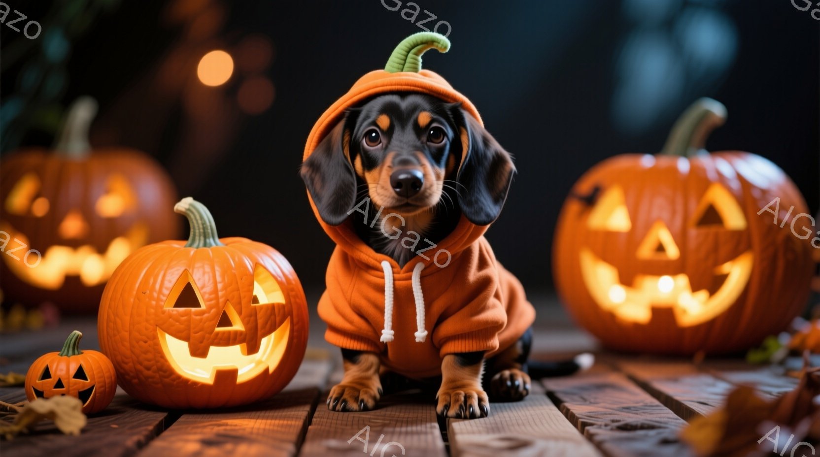 ダックスフントがハロウィーンの衣装を着て、彫刻されたカボチャに囲まれて木製の台の上に座っています。衣装はオレンジ色のパーカーで、頭にはカボチャの帽子がついています。背景には様々な大きさのカボチャが並び - AI生成フリー素材