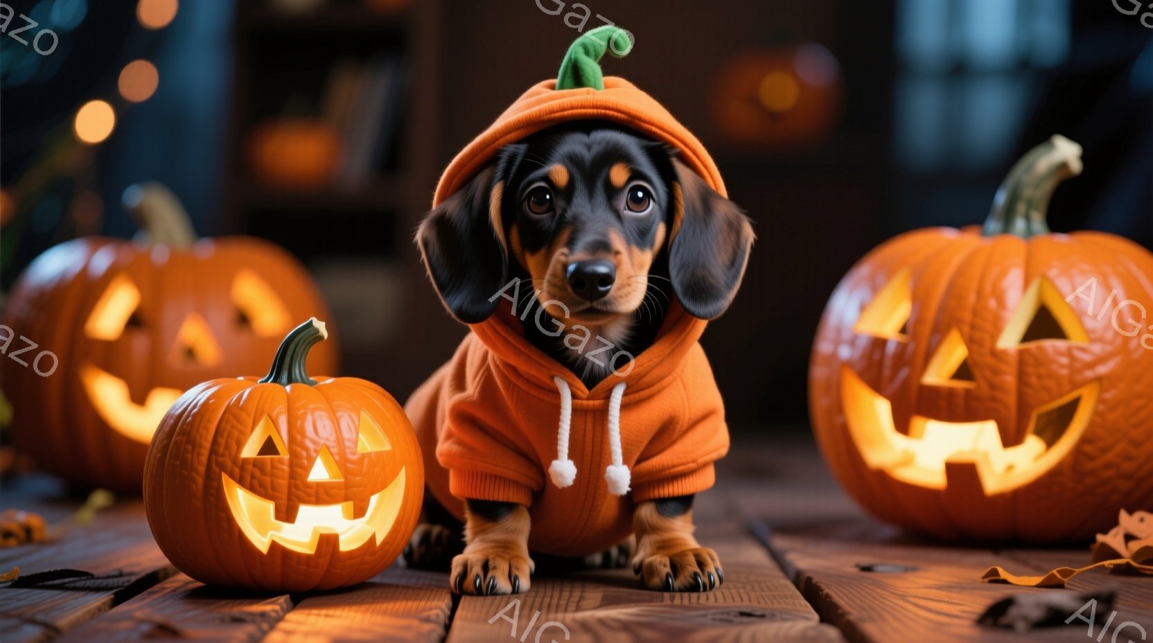 短毛のダックスフントがハロウィーンの衣装を着て、彫刻されたカボチャに囲まれています。犬はオレンジ色のパーカーを着ており、頭にはカボチャの帽子がついています。背景には暖色系の照明と木製のテーブルがあり、 - AI生成フリー素材