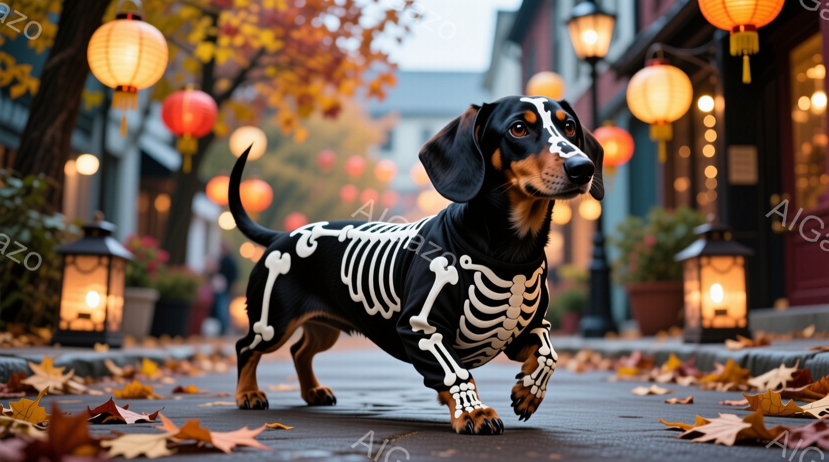 長い胴体を持つダックスフントが、ハロウィーンの骨の衣装を着てアスファルトの道の上を歩いている。背景には、オレンジ色の提灯が飾られた建物が並び、地面には落ち葉が散らばっている様子が描かれている。全体的に - AI生成フリー素材