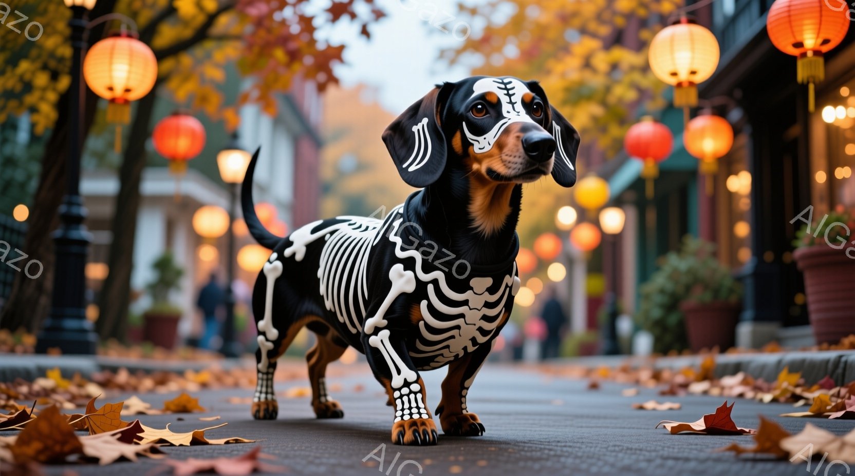 ダックスフントがハロウィーンの骨格のコスチュームを着て、アスファルトの道の中央に立っている。背景にはぼやけた街並みと、オレンジ色の提灯が並び、落ち葉が散らばり、秋のハロウィーンの雰囲気を作り出している - AI生成フリー素材
