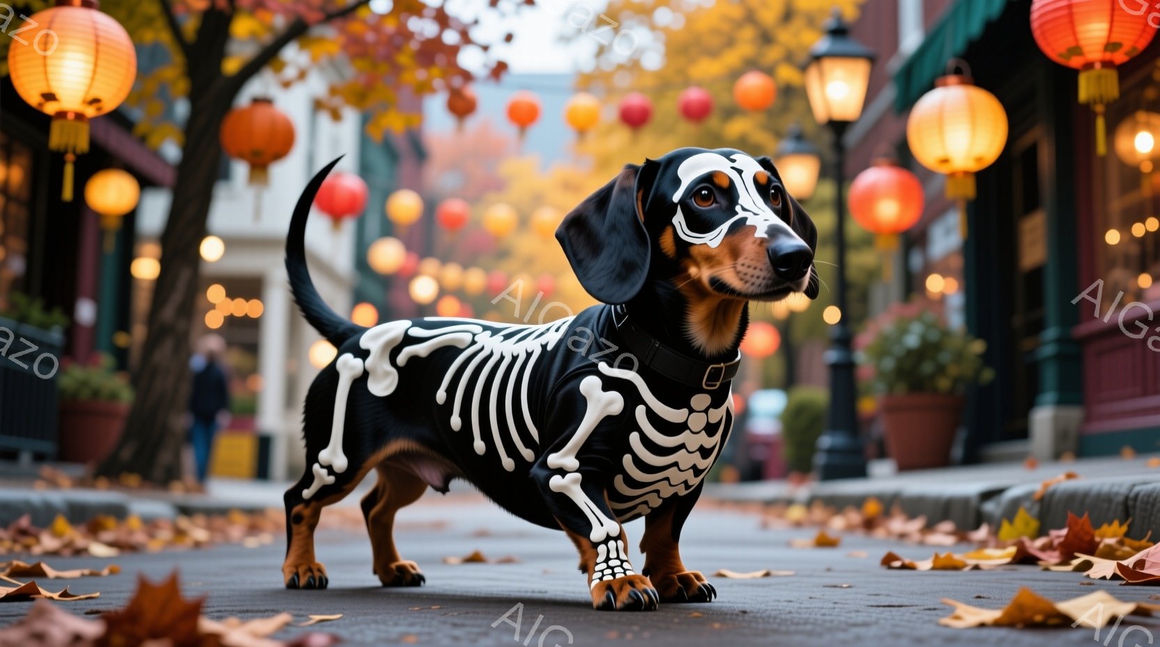 長い胴を持つダックスフンドが、ハロウィーンの骸骨模様の衣装を着てアスファルトの道に立っている。背景には、オレンジ色の提灯が飾られた街並みと、紅葉した木々が見え、落ち葉が地面に散らばっている。全体的に、ハロウィーンの楽しい雰囲気と秋の趣が感じられる暖かい画像である。