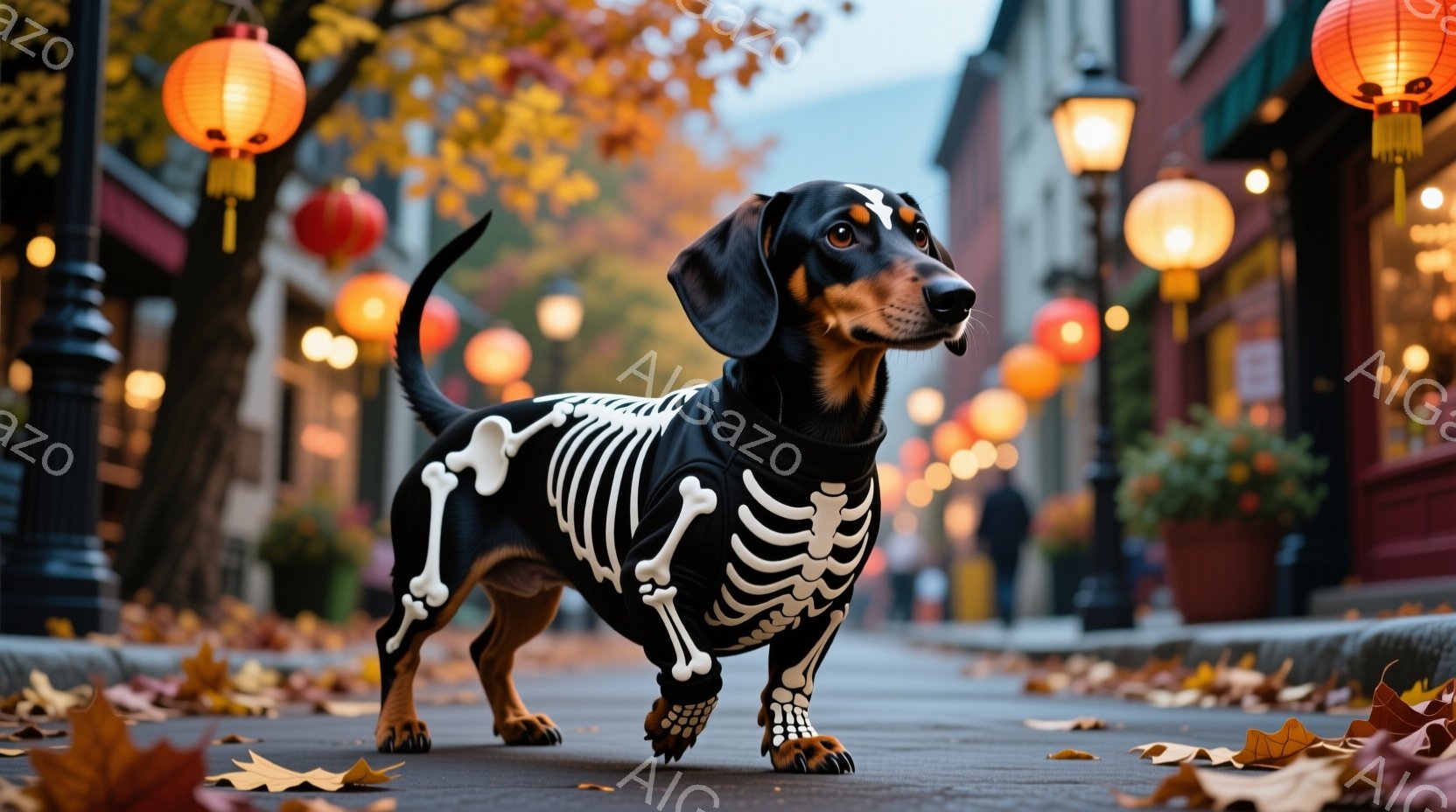 長い胴を持つダックスフントが、ハロウィーンをテーマにした骨のコスチュームを着て、歩道に立っている。背景には、オレンジ色の提灯が並び、落ち葉が散らばる秋の街並みが広がっている。全体的に、ハロウィーンの温 - AI生成フリー素材