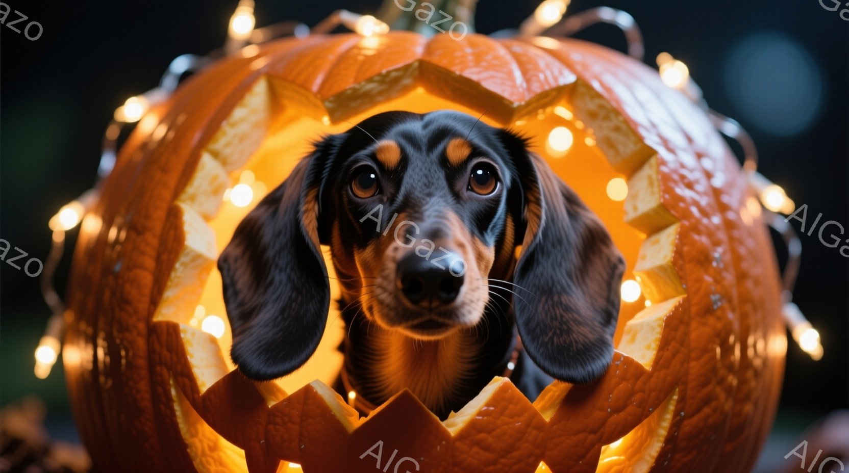 黒い毛並みに茶色のアクセントが入ったダックスフンドが、ハロウィン風のくり抜かれたカボチャの中に顔を出しています。犬はカメラに向かってまっすぐ見つめ、わずかに口角が上がっているようで、穏やかで愛らしい表情をしています。背景は暗く、カボチャの周囲にはキラキラと輝く電飾が飾られており、お祝いムードを演出しています。