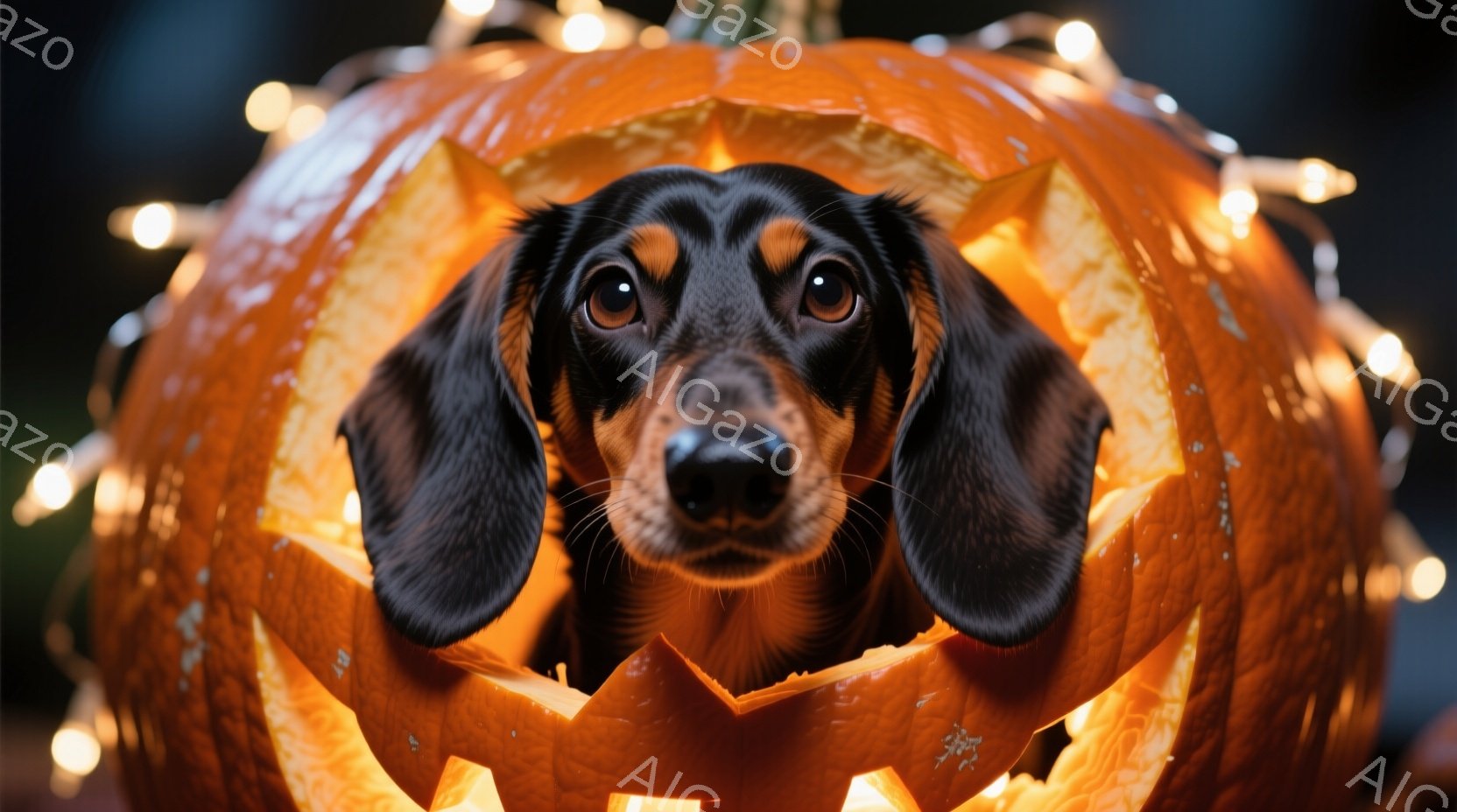 長い胴と短い足を持つダックスフンドが、くり抜かれたハロウィンのカボチャの中に頭を突っ込んでいます。その表情は少し驚いたようで、つぶらな瞳がこちらを見つめています。背景にはぼんやりとした光のストリングが広がり、ハロウィンの楽しい雰囲気を醸し出しています。