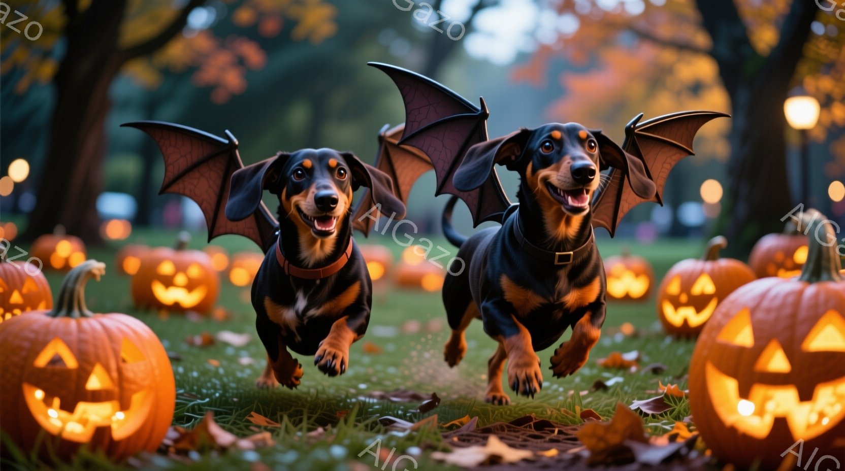 長い胴体をしたダックスフントが2匹、ハロウィンの背景で楽しそうに走り回っています。彼らはそれぞれ黒い翼を身に着け、まるで小さなコウモリのようです。周りにはジャック・オ・ランタンが散らばり、背景には秋の木々が見え、全体的に暖かく、遊び心のあるハロウィーンの雰囲気が漂っています。