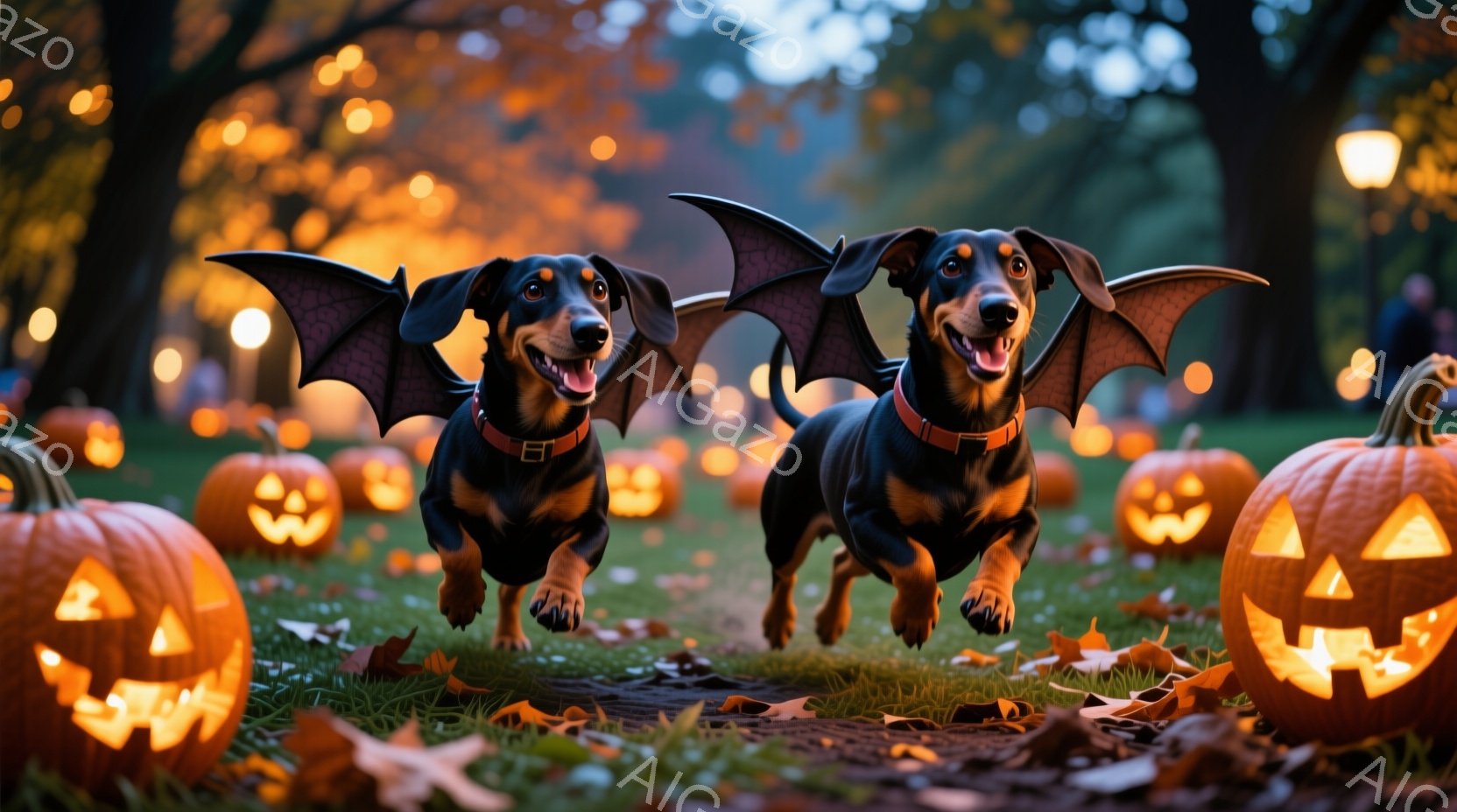 黒いダックスフントが、ハロウィーン用のコウモリの翼をつけて、芝生の上を勢いよく走っています。周りにはジャック・オー・ランタンが並び、背景にはぼんやりと木々が見え、秋の夜の楽しい雰囲気が漂っています。全体的に暖かく、陽気なハロウィーンのイメージです。