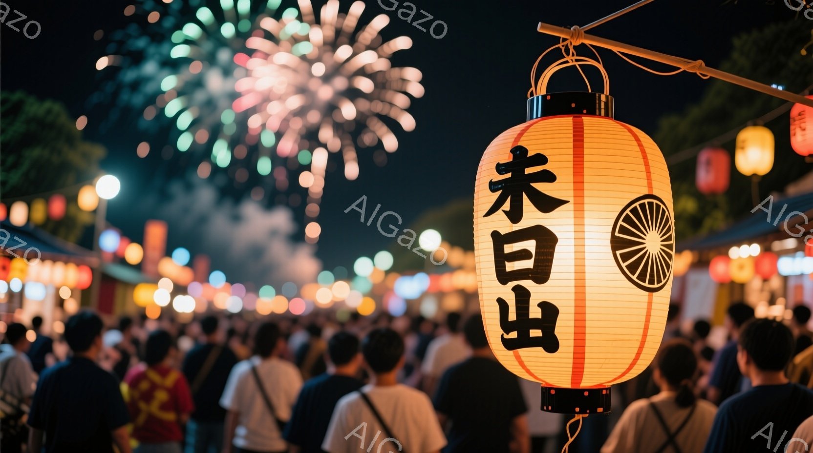 提灯が多数吊るされ、文字が書かれたものが手前に大きく浮かび上がっている夜の祭り会場の様子である。多くの人々が後ろ姿で写っており、活気のあるお祭りの雰囲気が伝わってくる。背景には、ぼやけた光のラインと、 - AI生成フリー素材