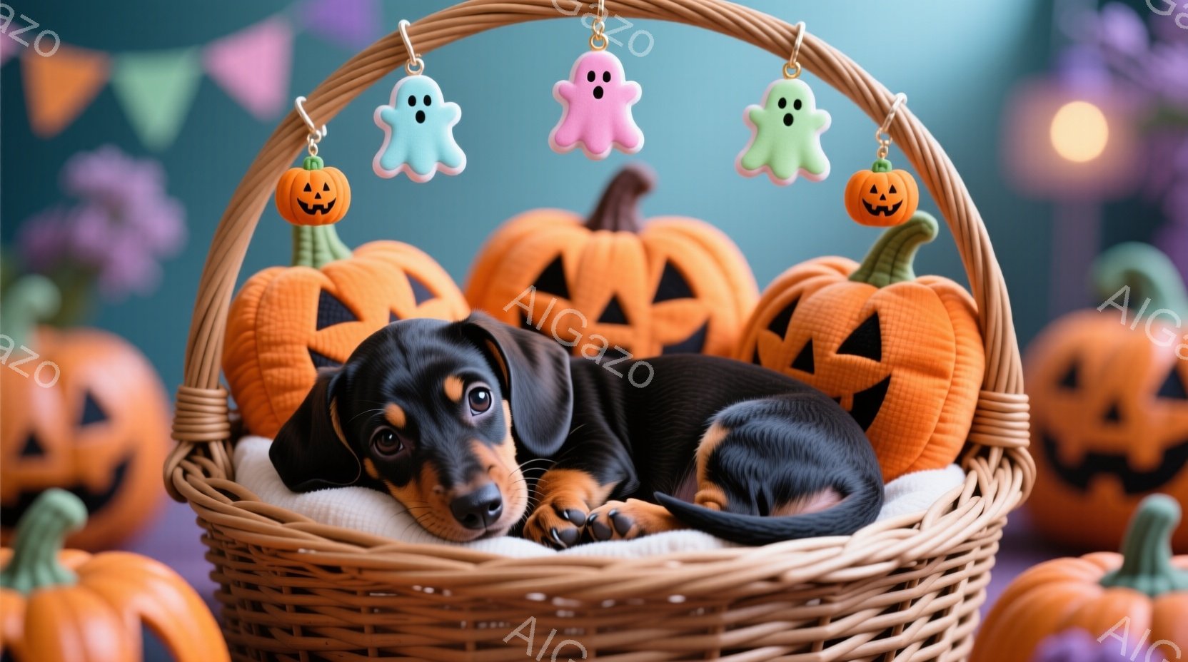 ダックスフントの子犬が、ハロウィーンの飾りで満たされたバスケットの中に横たわっています。周りにはジャック・オ・ランタンの形をしたオレンジ色の飾りと、幽霊の形のペンダントが吊り下げられています。全体的に明るく、温かく、遊び心のあるハロウィーンの雰囲気が漂っています。