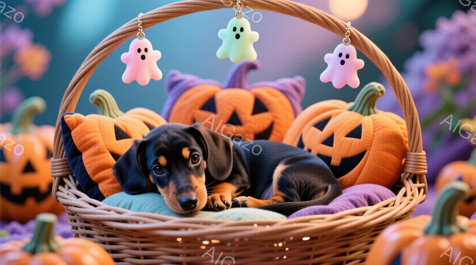 暗褐色のダックスフントが、オレンジと紫色のハロウィーンのパンプキンクッションが敷かれた籐のバスケットの中で丸まって眠っています。頭は少し上がり、穏やかで幸せそうな表情をしています。背景には、さまざまなサイズのオレンジ色のカボチャが配置され、上部には可愛らしい幽霊のオーナメントがぶら下がっており、全体的に温かく、お祝いムードにあふれています。