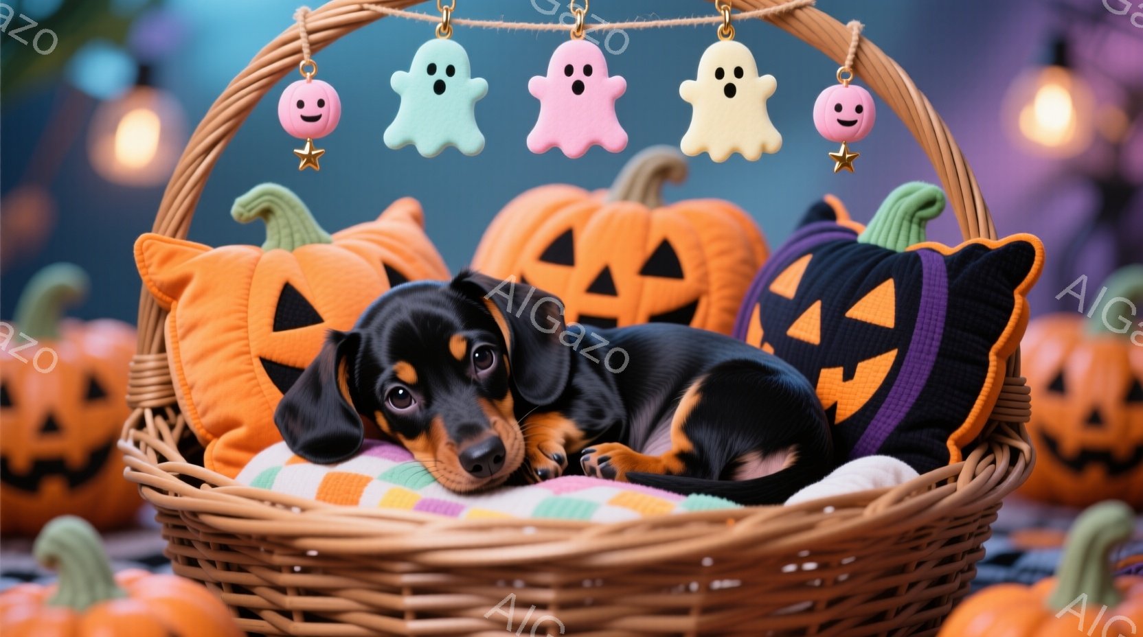 籠の中に、黒と茶色のダックスフンドの子犬が丸まって眠っています。籠の中には、ハロウィーンをテーマにしたカボチャの形をした枕がいくつか入っており、背景にはぼやけたハロウィーンの飾りと光が灯っています。全体的に、暖かく、可愛らしい、ハロウィーンらしい雰囲気です。