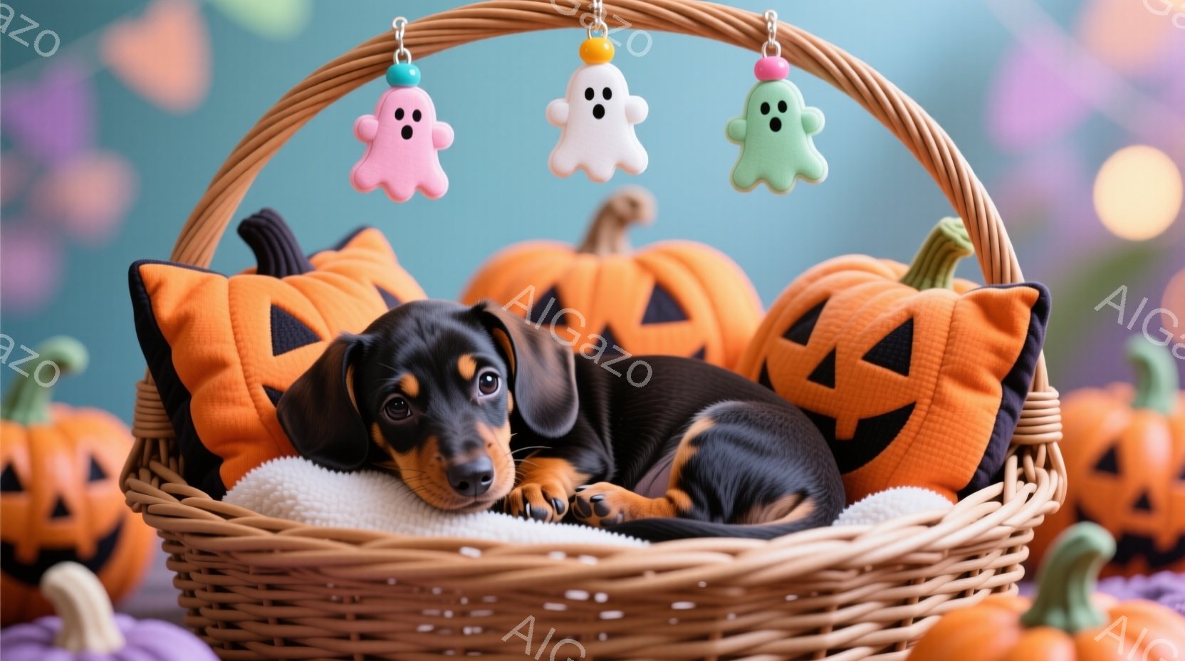 ダックスフンドの子犬が、ハロウィーンをテーマにしたバスケットの中で丸まって眠っています。バスケットの中には、ジャック・オー・ランタン型のオレンジと黒のクッションが敷かれており、上には幽霊の飾り飾りがぶら下がっています。背景には、ハロウィーンの装飾が施された、紫色の背景がぼやけて見えます。