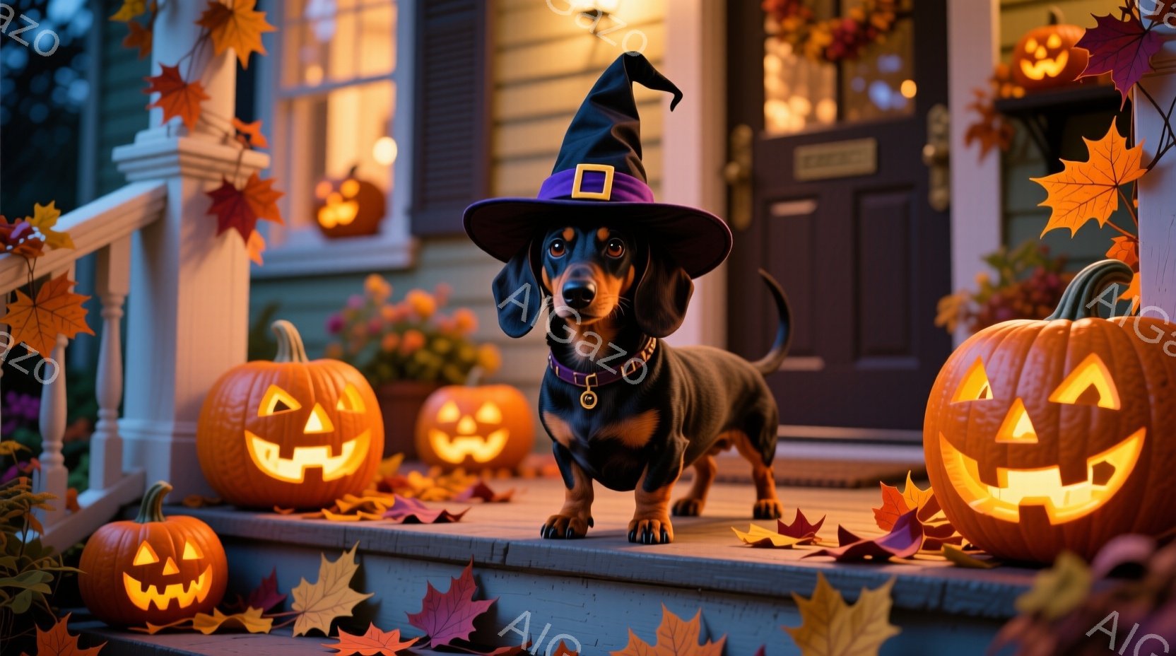 黒いダックスフントが、ハロウィーン用の魔女帽子をかぶり、家の玄関ポーチに立っています。周囲にはジャック・オ・ランタンがいくつか配置され、落ち葉が散りばめられています。暖色系の光が灯り、秋の夜の温かく、 - AI生成フリー素材