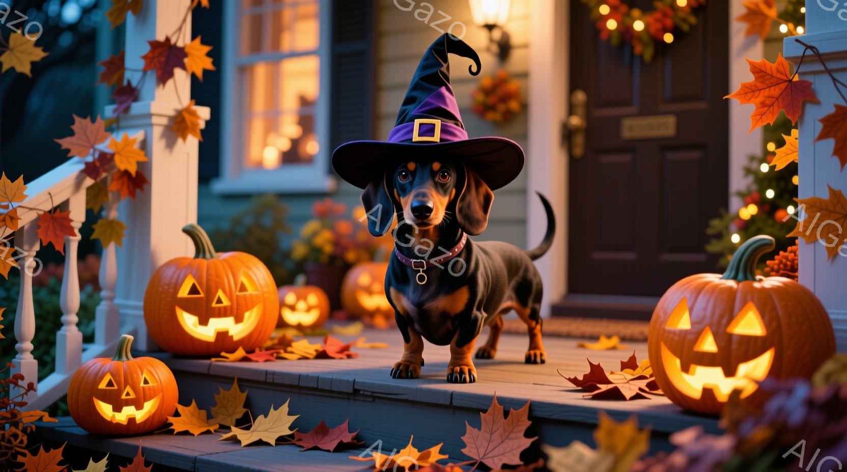長い胴体を持つダックスフントが、ハロウィーンらしい魔女帽子を被り、玄関の階段に立っている。周囲には様々な大きさのジャック・オー・ランタンが置かれ、落ち葉が舞う秋の夜の雰囲気を感じさせる。家の外観は暖色系の光で照らされ、オレンジや赤色の落ち葉が季節感を高めている。