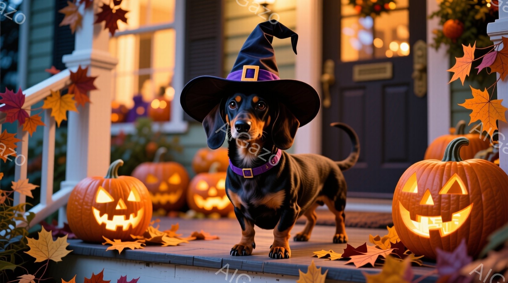 晩秋の夜にホームを訪れたダックスフンドのペットが中心的な存在です。そのペットは、妖精のような紫色の魔法使いのコスチュームを着ており、鋭利な目と舌を見せています。ダックスフンドは、仕事として家の前に配置されています。そこには、毎年ホロウィンが伝統的な恒例であり、この季節に特有の温かみがあるため、ダックスフンドはそれを受け入れています。