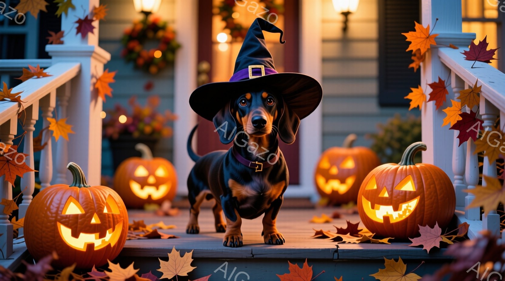 長い胴を持つダックスフンドが、魔女の帽子をかぶり、ハロウィーンの飾り付けがされた家の階段に立っています。周りにはジャック・オー・ランタンが置かれ、落ち葉が舞い散る秋の夜の雰囲気を醸し出しています。暖色の照明とカボチャの光が、ハロウィーンの楽しい雰囲気を強調しています。