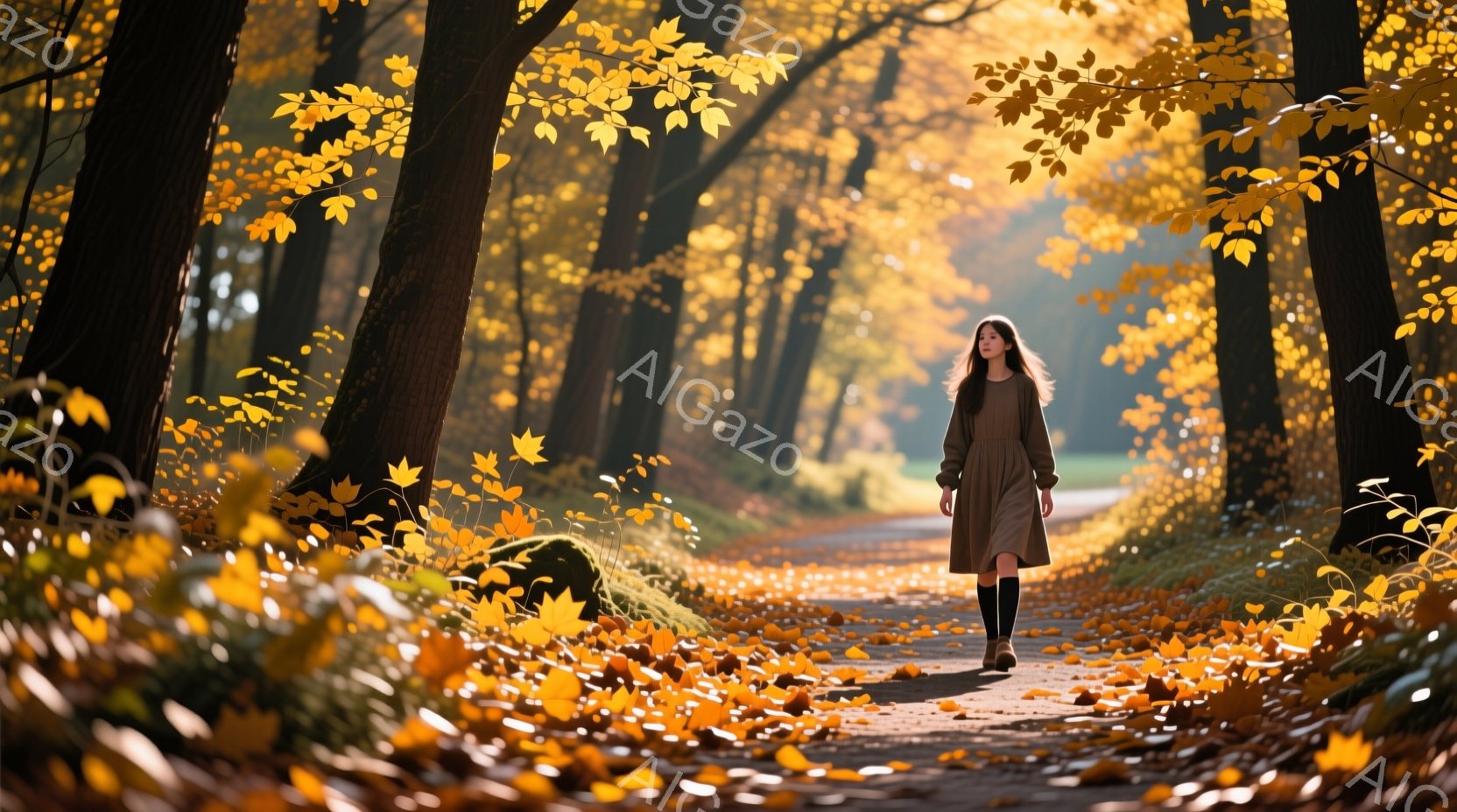 長い髪を背中に垂らし、ベージュ色のワンピースと黒い靴下を身につけた女性が、落ち葉が敷き詰められた道を歩いている。周囲は鮮やかなオレンジや黄色の紅葉に覆われた並木道で、秋の光が木々の間から差し込み、暖か - AI生成フリー素材