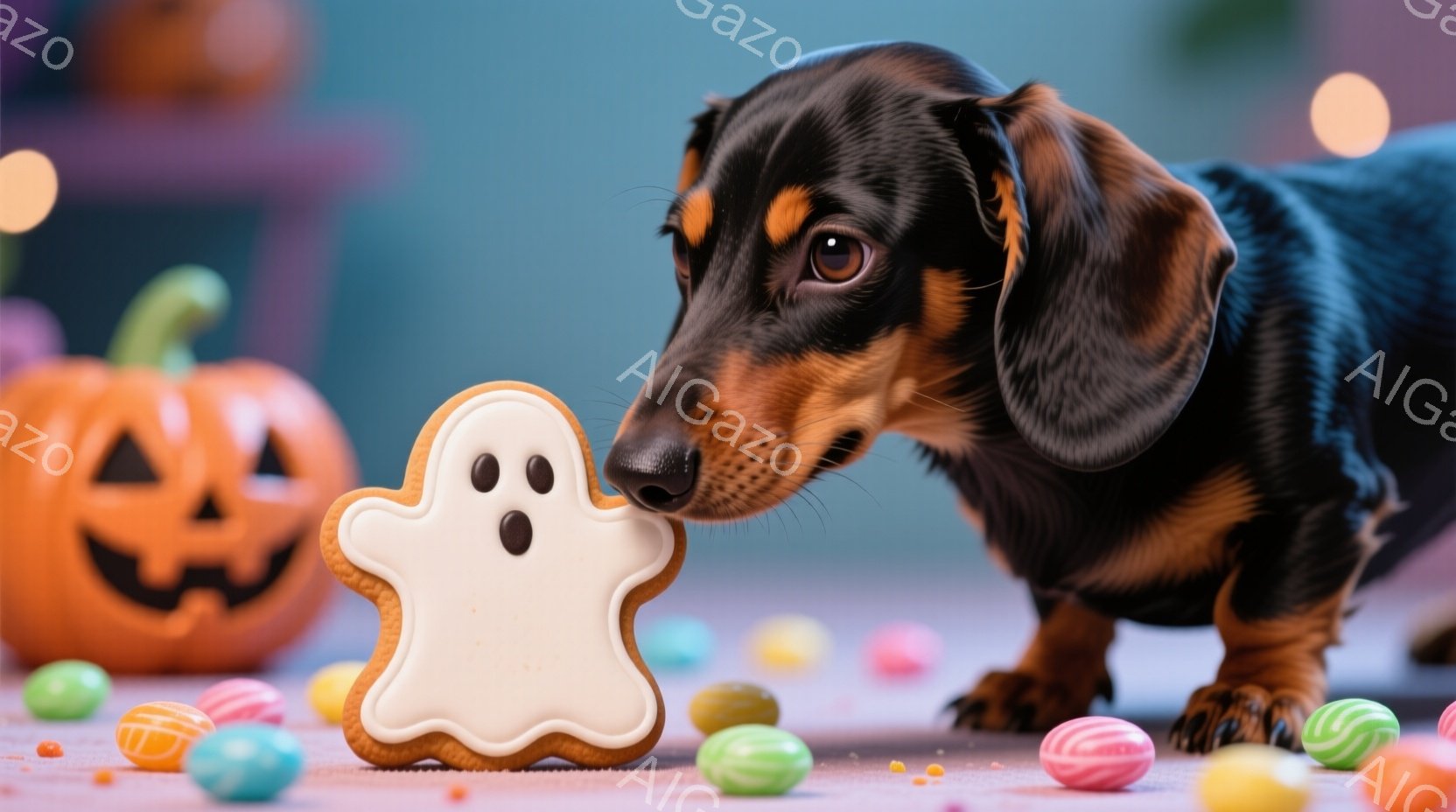 長い胴体のダックスフンドが、ハロウィーンのクッキー（お化けの形）に鼻を近づけています。背景には、オレンジ色のジャック・オ・ランタンとカラフルなキャンディーが散りばめられており、ハロウィーンの楽しい雰囲気が漂っています。暖色系の照明と背景の青みが、お祝いの雰囲気をさらに高めています。