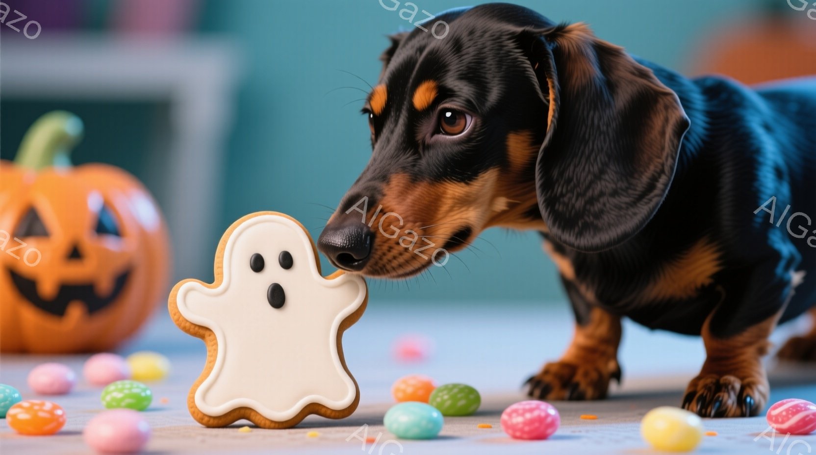 茶色と黒のダックスフンドが、ハロウィーンのクッキーであるお化けの形をしたビスケットに鼻を近づけています。背景には、カラフルなキャンディーや、ジャック・オー・ランタンがぼんやりと見えます。全体的に、ハロウィーンの雰囲気で、犬がビスケットを美味しそうに見ている可愛らしい光景です。