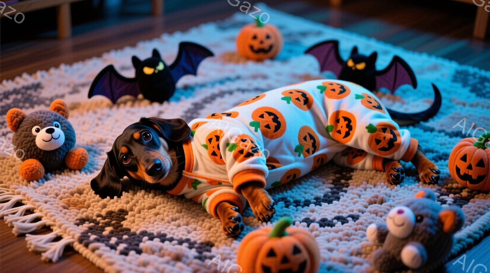 茶色と黒のダックスフントが、ハロウィーンをテーマにしたオレンジ色のカボチャ柄のパジャマを着て、ふわふわの灰色と白のラグの上で仰向けに寝ています。背景には、小さなカボチャのぬいぐるみとコウモリの飾り、そ - AI生成フリー素材