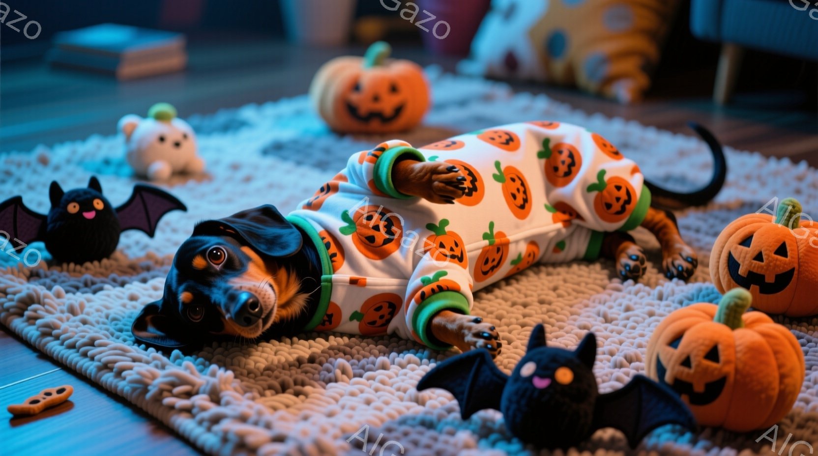 長い胴を持つダックスフンドが、ハロウィーンをテーマにしたオレンジ色のカボチャ柄のパジャマを着て、毛むくじゃらのベージュ色のラグの上で仰向けに寝そべっています。周りにはカボチャとコウモリのぬいぐるみがあり、ハロウィーンの装飾が施された心地よい空間を演出しています。犬はリラックスした様子で、暖かくお祝いムードに満ちた雰囲気です。