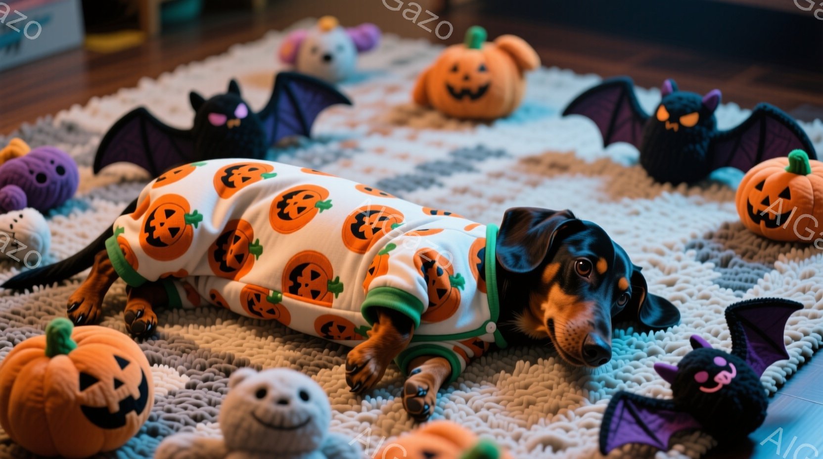 ダックスフンドがハロウィーンをテーマにしたカーニバルの衣装を着て、ふわふわの灰色のラグの上に横たわっています。周囲には、さまざまなサイズのハロウィーンの飾り、特にカボチャと幽霊やコウモリのぬいぐるみで囲まれています。全体的に、秋らしい暖かく遊び心のある雰囲気が漂っています。