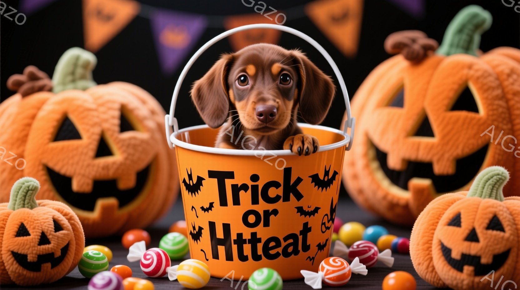 オレンジ色のハロウィーンのバケツの中に、小さな茶色のダックスフントが可愛らしく座っています。バケツには「Trick or Treat」と書かれており、中にはカラフルなキャンディーが散らばっています。背景にはジャック・オ・ランタンが並び、お祭り気分を盛り上げています。