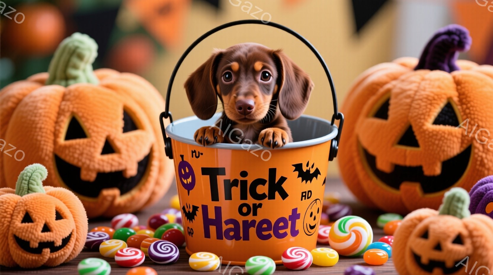 オレンジ色の「トリック・オア・トリート」と書かれたバケツの中に、小さなダックスフントの子犬がちょこんと座っています。子犬は茶色い毛並みで、好奇心と少しの戸惑いの表情でカメラを見ています。背景にはハロウィンのカボチャのランタンとカラフルなキャンディーが散りばめられ、お祝いムードを演出しています。