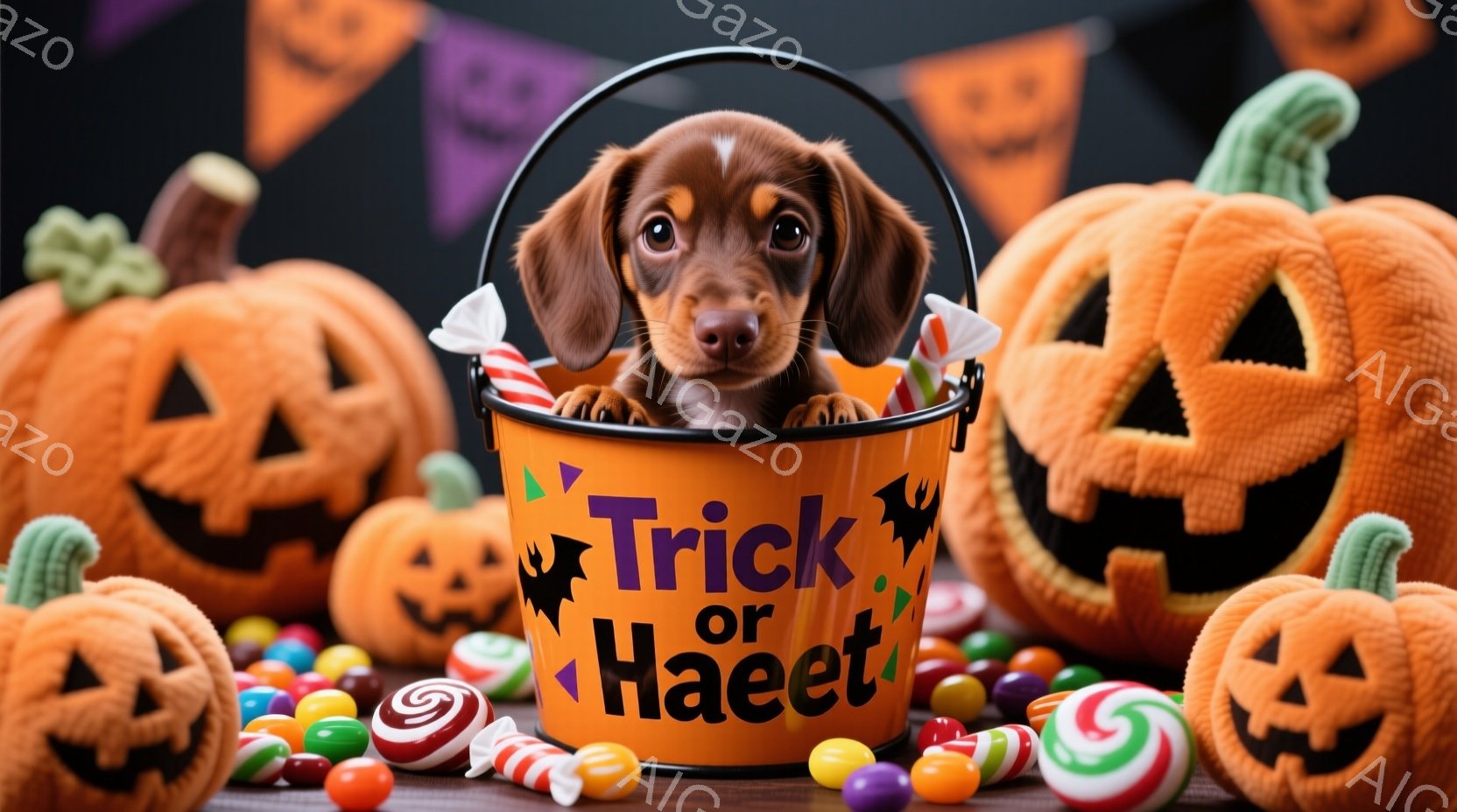 オレンジ色のカボチャの周りに、キャンディーでいっぱいの「トリック・オア・トリート」と書かれたバケツの中に、小さなダックスフンドが座っています。子犬は茶色い毛並みで、大きく潤んだ瞳でこちらを見ており、無邪気な表情を浮かべています。背景には、様々な表情をしたカボチャが並べられ、ハロウィーンの楽しい雰囲気が漂っています。