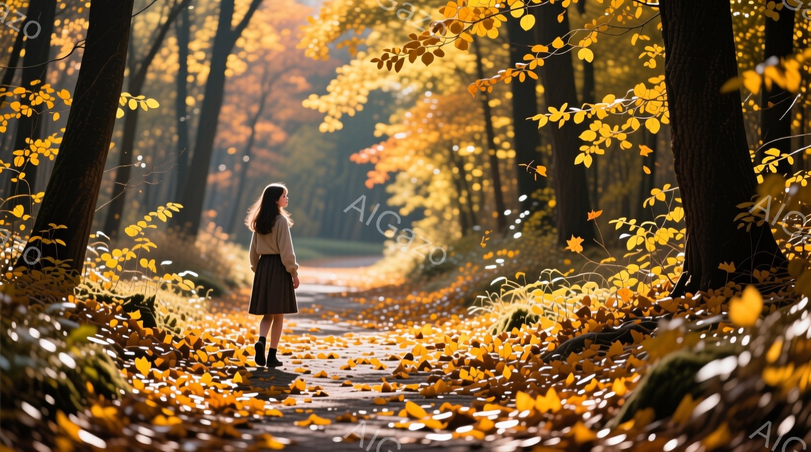 茶色の落ち葉が敷き詰められた道を、一人の女性が歩いている。彼女はベージュのセーターと茶色のスカートを身につけ、長くストレートな髪をしている。背景は秋の木々が生い茂る森で、光が差し込み、温かく穏やかな雰 - AI生成フリー素材