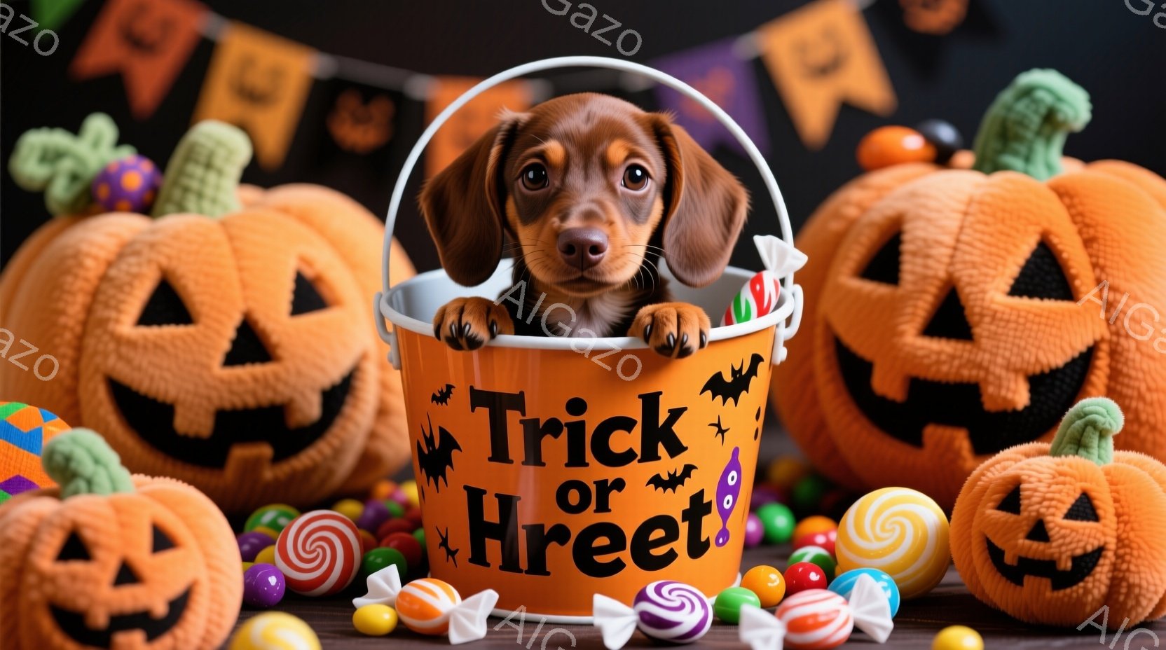 オレンジ色の背景に、ハロウィーンの飾り付けが施された写真です。茶色のダックスフントの子犬が「トリック・オア・トリート」と書かれたバケツの中に座っており、周囲にはカラフルなキャンディーや、ジャック・オー・ランタンが配置されています。全体的に明るく、可愛らしいハロウィーンの雰囲気を楽しむ様子が伝わってきます。