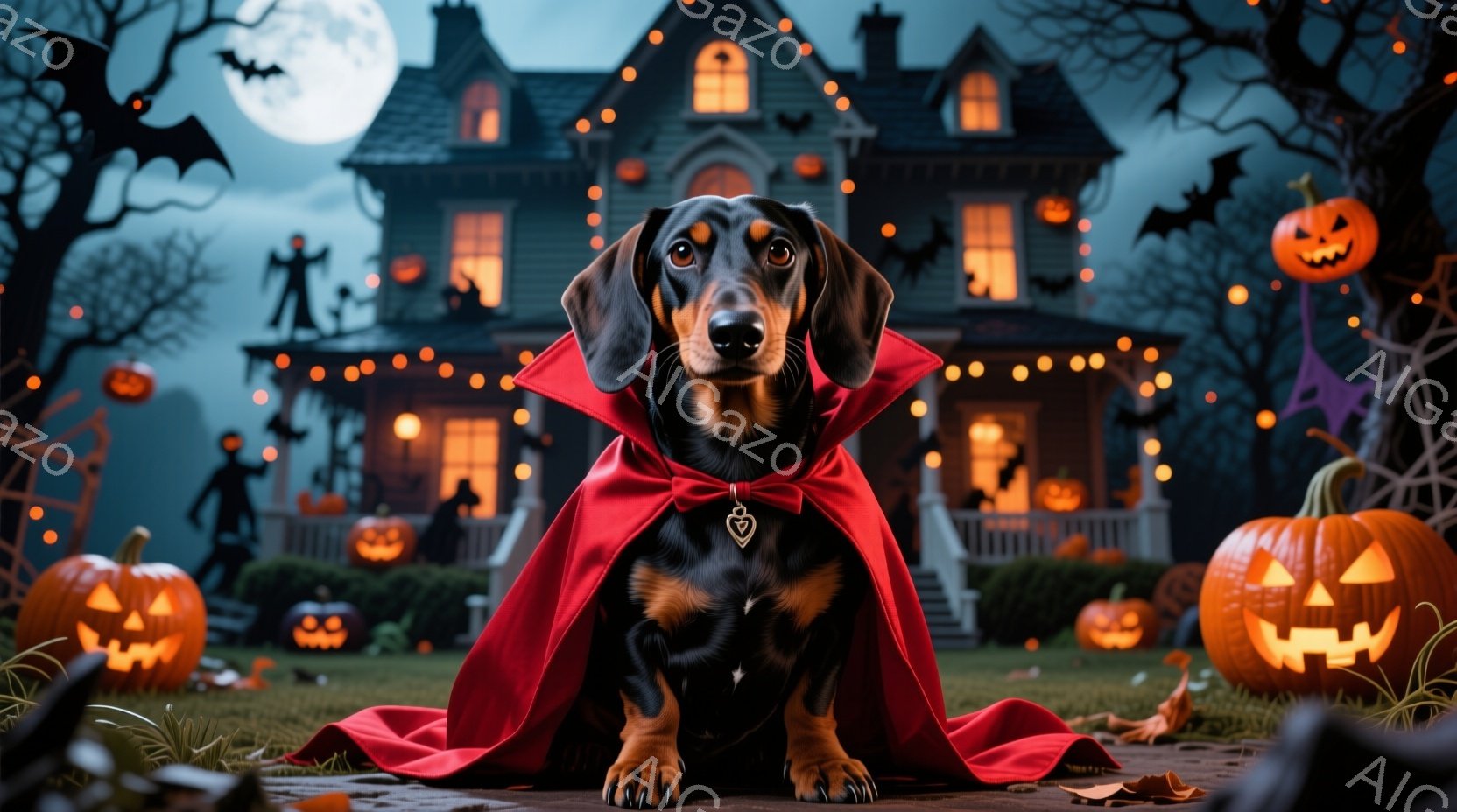 ダックスフントが赤いケープを身に着け、正面を見据えています。背景には、ハロウィーンの飾り付けがされた屋敷、ジャック・オ・ランタン、そして空には満月とコウモリが描かれており、ハロウィーンの夜の雰囲気を醸し出しています。全体的に、趣のあるハロウィーンの光景が表現されています。