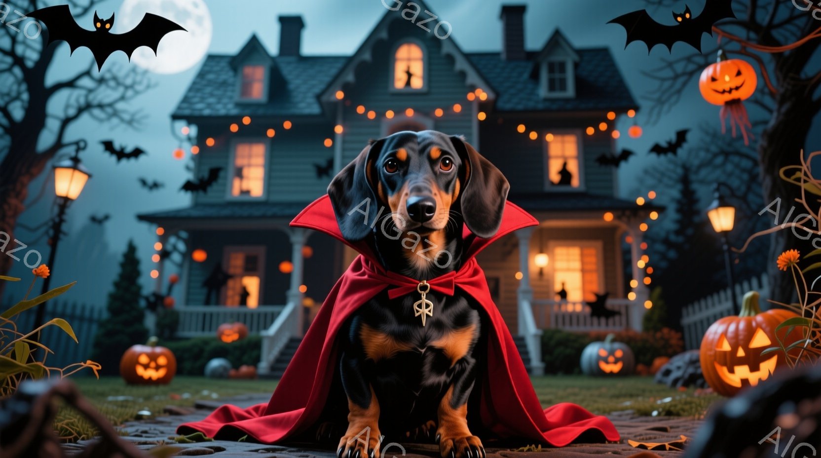 ダックスフントが赤いマントを身につけ、まるで吸血鬼のような姿で正面を見つめています。背景には、オレンジ色の光で照らされたハロウィーンの飾り付けが施された家、そして月明かりの下で飛ぶコウモリが描かれ、お - AI生成フリー素材