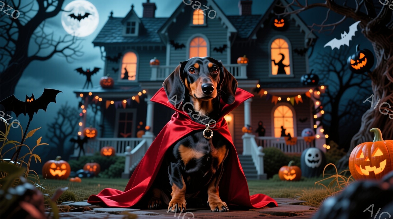 黒と茶色のダックスフントが、赤いマントを羽織って正面を向いて座っています。背景には、ハロウィーンの装飾が施された不気味な屋敷が月明かりの下にそびえ立ち、カボチャのランタンやコウモリが庭を彩っています。 - AI生成フリー素材