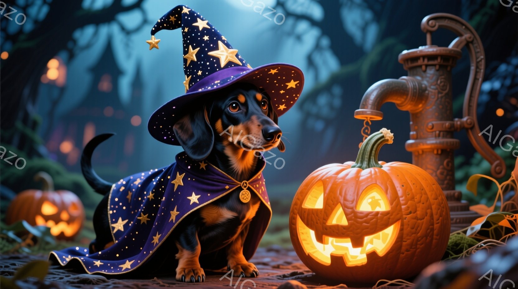 長い胴を持つダックスフントが、星柄の紫色の魔法使いの衣装を着て座っています。頭には同じ星柄の帽子が乗っており、首輪には金色のメダルがついています。背景には、ジャック・オー・ランタンや古い手水場があり、 - AI生成フリー素材
