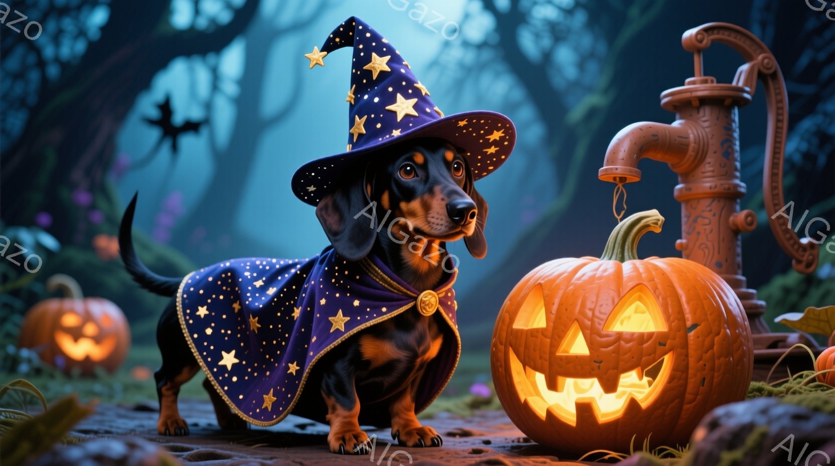 ダックスフントが紫色の星模様のローブと先のとがった帽子を身につけて立っており、ハロウィーンの魔法使いを演じているようです。背景には、ジャック・オー・ランタン、古いポンプ、そして霧のかかった森が広がって - AI生成フリー素材