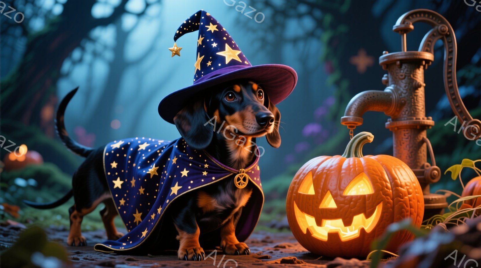 黒いダックスフンドが、星柄の紫色のローブと魔女帽子を身に着けて立っています。明るく照らされたジャック・オー・ランタンが犬の隣にあり、背景には古い手水鉢とぼんやりとした森が見えます。 全体的にハロウィーンの夜の神秘的で楽しい雰囲気を醸し出しています。