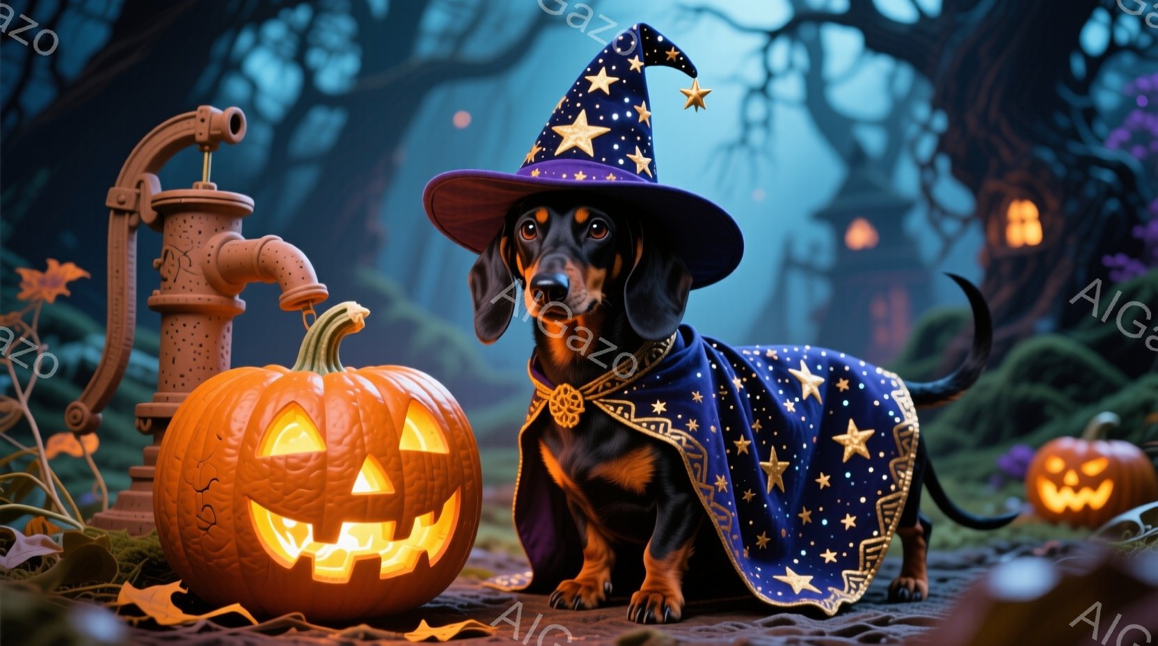 長い胴を持つダックスフントが、星柄のローブと魔女帽子を身につけて立っている。背景には、ハロウィーンのランタンが灯る夜の森が広がり、薄暗い光が不気味な雰囲気を醸し出している。石畳の道と古びた水飲み場が、物語のような情景を作り出している。