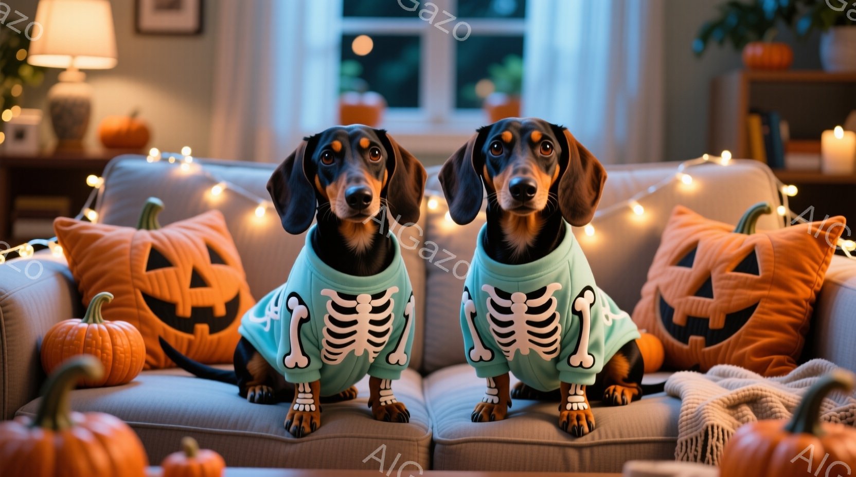 ソファに座っている2匹のダックスフンドが描かれています。それぞれがハロウィーンをテーマにした骨格模様の薄緑色のセーターを着ており、正面をまっすぐ見ています。背景には、オレンジ色のジャック・オー・ランタンのクッション、小さなカボチャ、そして柔らかい光のストリングライトがあり、居心地の良いハロウィーンの雰囲気を醸し出しています。