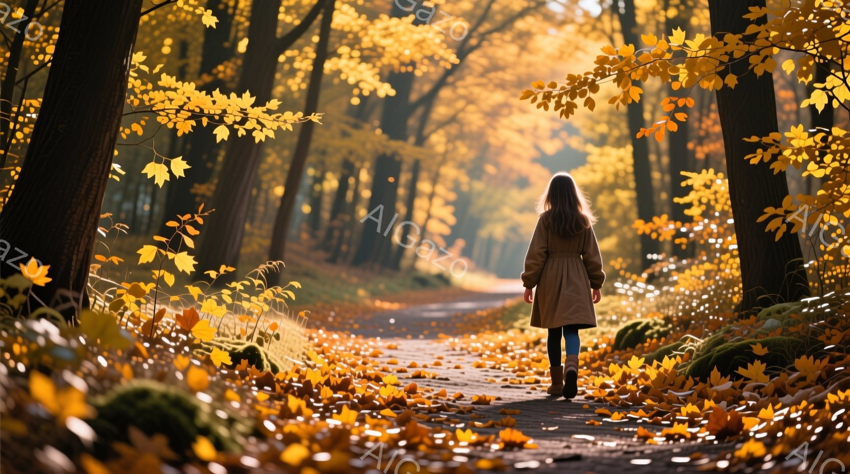 後ろ姿の女性が、落ち葉で覆われた森の道を歩いている。ベージュ色のコートを羽織り、長い髪は背中に流れている。背景は鮮やかな黄色の葉が茂る木々と、秋の柔らかな光に満ちており、静かで穏やかな雰囲気が漂ってい - AI生成フリー素材