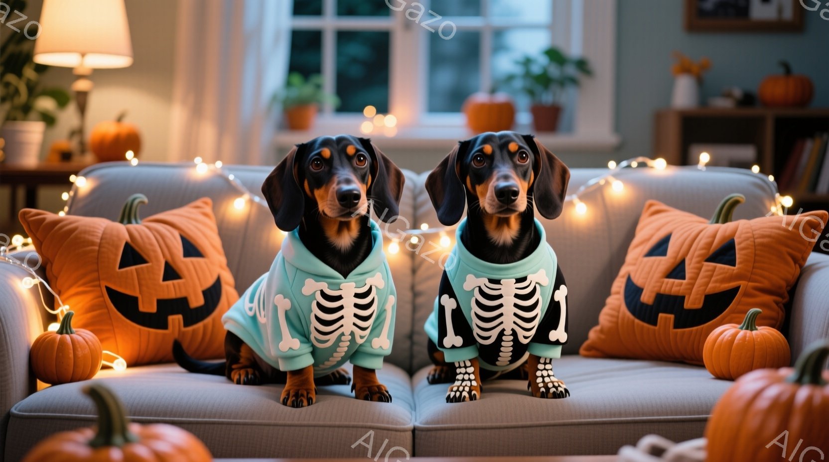 長い胴を持つ2匹のダックスフンドが、ハロウィンをテーマにした青い骸骨模様の衣装を着て、灰色のソファに並んで座っています。背景には、オレンジ色のジャック・オー・ランタン柄のクッションと、小さなカボチャが飾られており、暖かい光が室内を照らしています。 全体的に、ハロウィンの雰囲気を楽しむ、居心地の良い暖かい光景です。