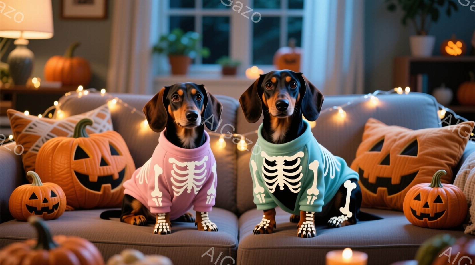 長い胴のダックスフントが2匹、ハロウィーンをテーマにしたリビングルームのソファーに並んで座っています。それぞれピンクと水色の骨格柄のセーターを着ており、前足は白い爪で装飾されています。背景には、ジャック・オー・ランタンやハロウィーンの飾り付けが散りばめられ、温かみのある照明とオレンジ色の光が、季節の祝祭の雰囲気を作り出しています。