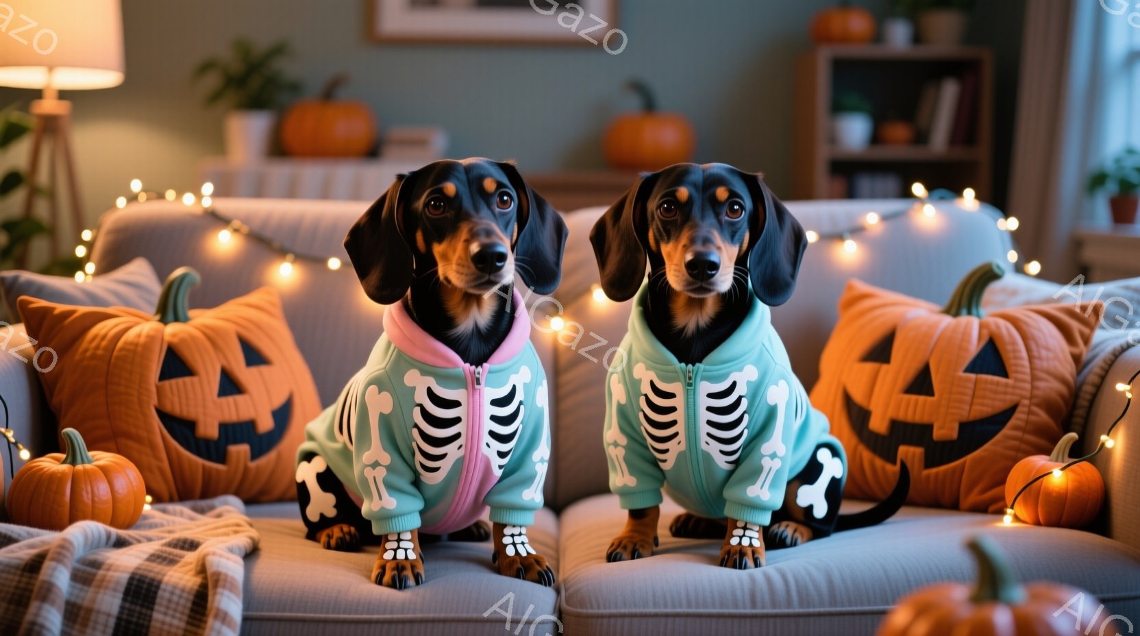 ハロウィーンの飾り付けがされた部屋で、2匹のダックスフンドが並んで座っています。それぞれが、ピンクとターコイズブルーの骸骨柄のパーカーを着ており、足元には可愛い足跡柄の靴下が履かれています。背景には、かぼちゃのクッションや置物、そして温かい光のイルミネーションがあり、秋らしい、ほっこりとした雰囲気を醸し出しています。