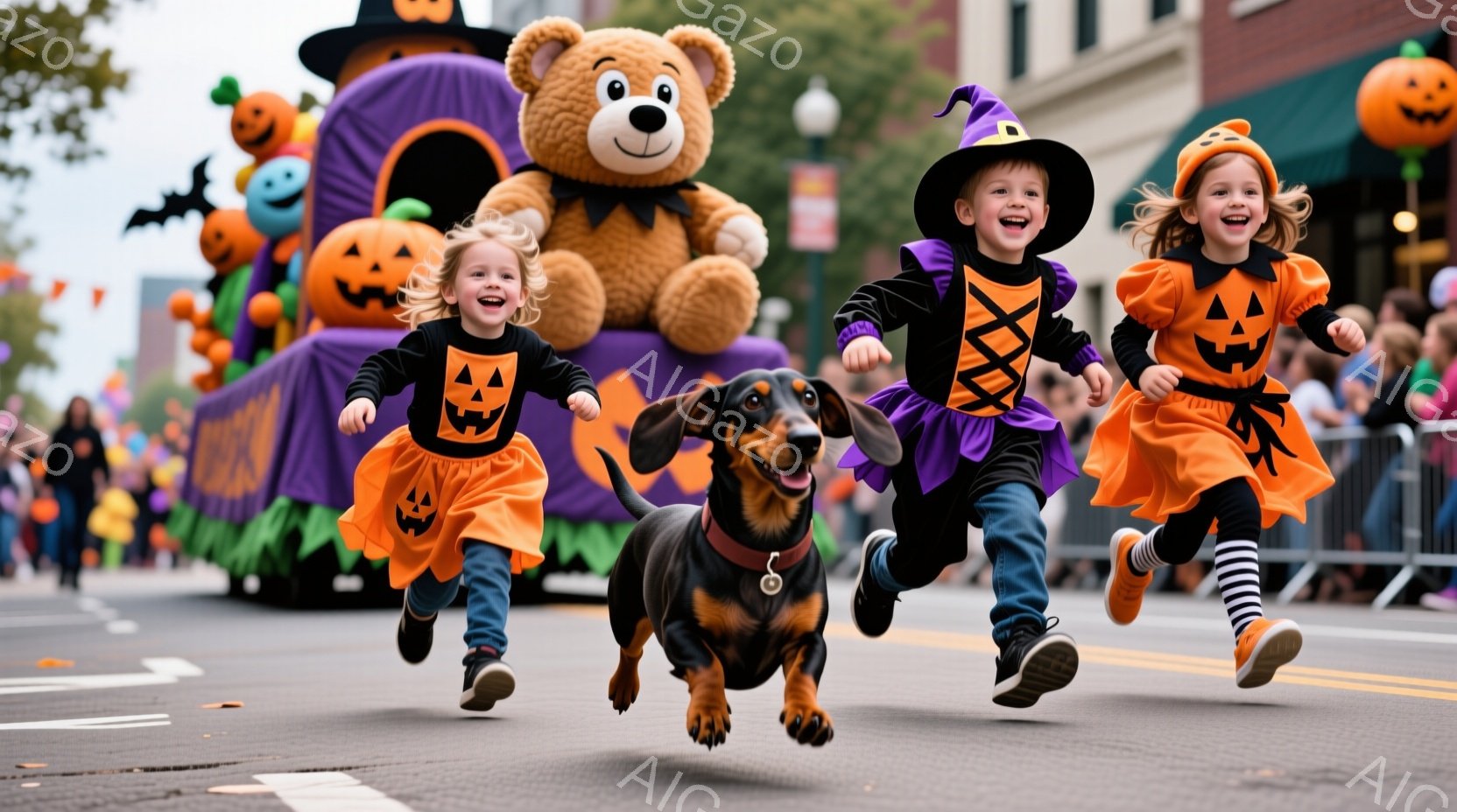 ハロウィーンのパレードで、オレンジ色のカボチャの衣装を着た女の子2人と、黒い衣装を着た男の子が楽しそうに走り出しています。彼らの前には、長い胴の茶色のダックスフンドが同じように走っており、背景には大きなカボチャやテディベアのフロートが見えます。晴れた日の街並みが広がり、ハロウィーンの活気ある雰囲気が感じられます。
