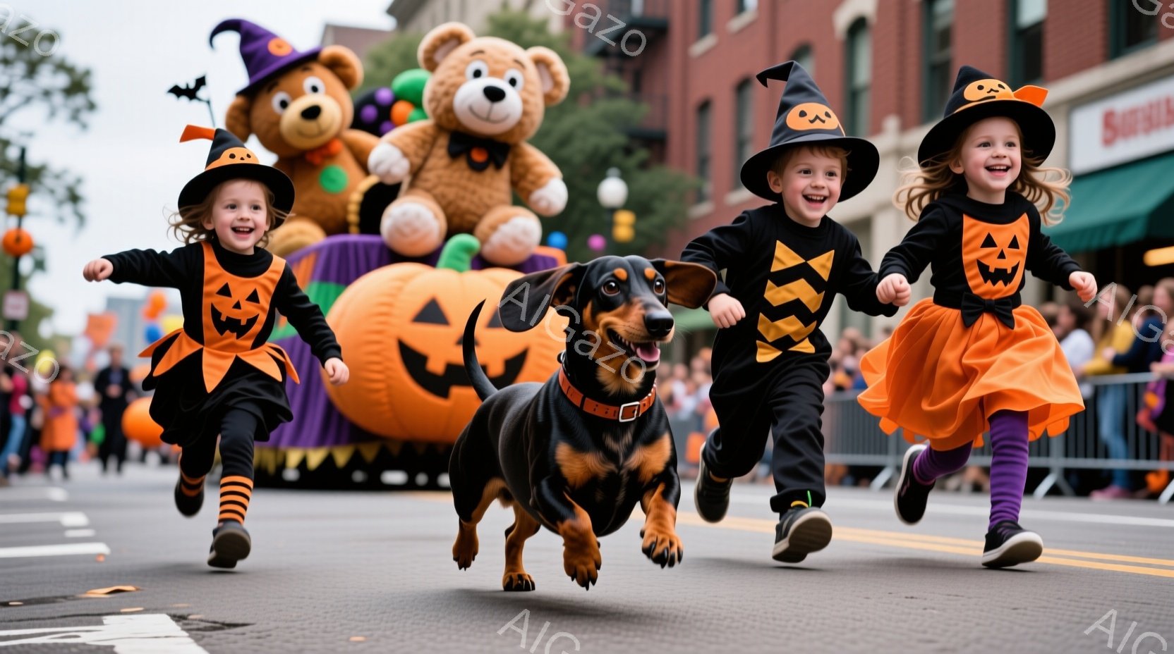 ハロウィーンのパレードの様子で、黒い魔女帽子をかぶった二人の子供と、同じくハロウィーンのコスチュームを着たダックスフントが道を走っている。子供たちはそれぞれオレンジ色のパンプキン模様のトップスを着ており、笑顔で楽しそうにしている。背景には、カラフルなバルーンや建物が見え、お祭りの賑やかな雰囲気が伝わってくる。