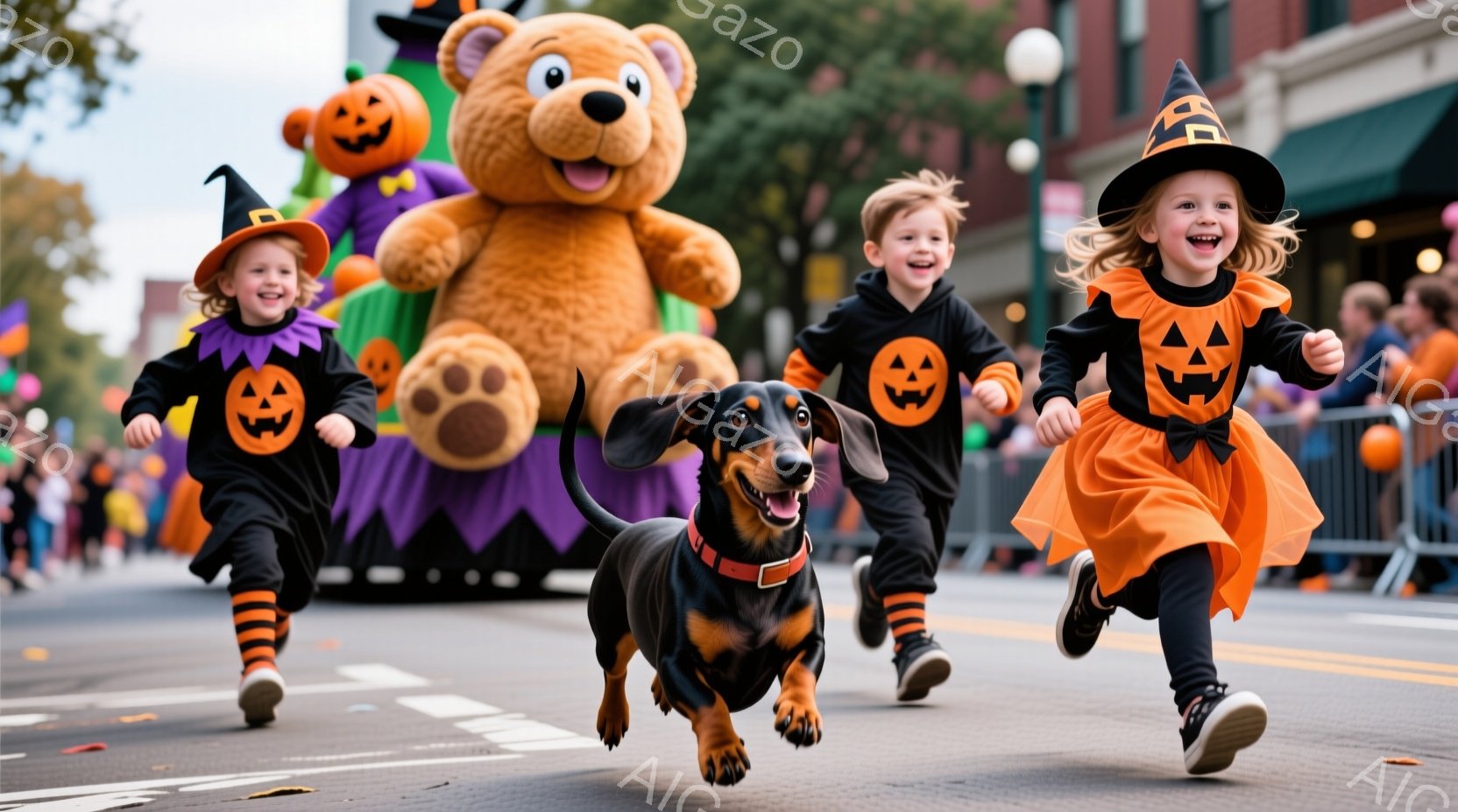ハロウィーンのパレードと思われる通りを、オレンジ色の衣装を着た二人の子供と、ダックスフントが走っている。子供たちはそれぞれ魔女帽子をかぶり、楽しそうな笑顔を見せている。背景には、大きなパンプキンを抱えた熊の着ぐるみや、観客席、そして建物が見え、明るい晴天の下、お祭りの活気にあふれた雰囲気である。