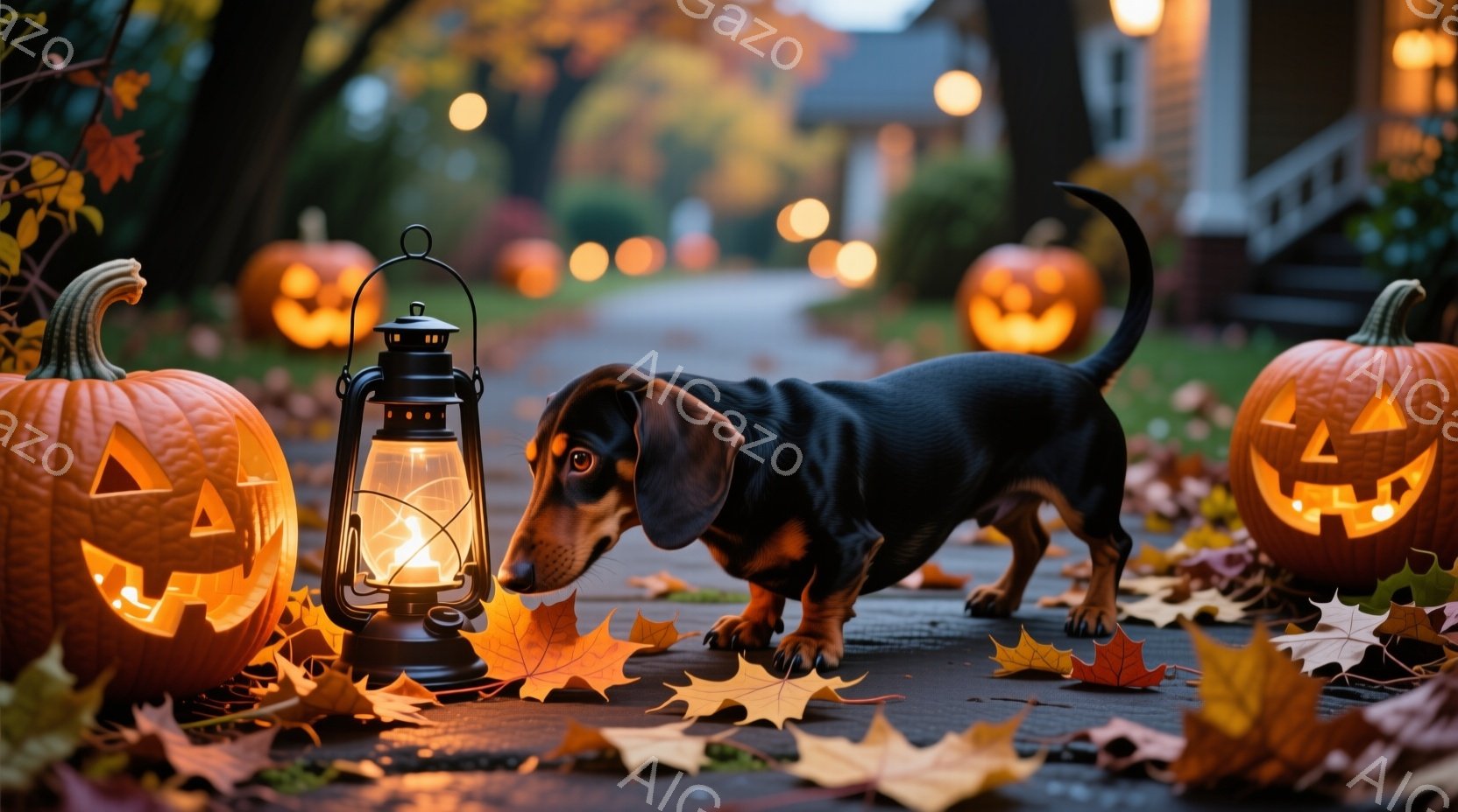 ハロウィーンの飾り付けがされた道に、ダックスフンドが佇んでいます。オレンジ色のカボチャのランタンが並び、足元には紅葉が散らばり、古風なランタンが温かい光を放っています。背景にはぼんやりと家々が見え、秋の夜の穏やかで幻想的な雰囲気が漂っています。
